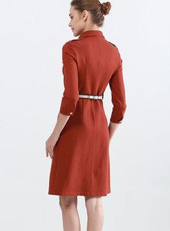 Brief Shirt Collar Metal Single-breasted Belted Dress