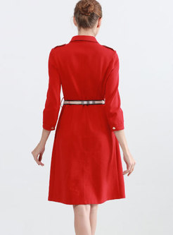 Brief Shirt Collar Metal Single-breasted Belted Dress