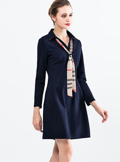 Turn-down Collar Pure Color Long Sleeve A Line Dress