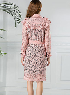 Autumn Pink Turn-down Collar Lace-paneled Belted Coat