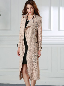 Elegant Solid Color Lace Hollow Out Long Coat