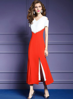 Stylish V-neck Color-blocked Slit Slim Maxi Dress