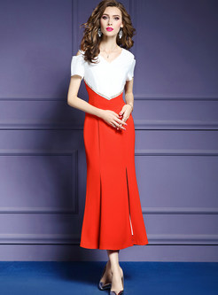 Stylish V-neck Color-blocked Slit Slim Maxi Dress