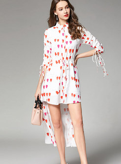Brief Digital Print Stand Collar High-low Linen Dress