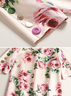 Casual All Over Digital Print Dress With Button Decoration