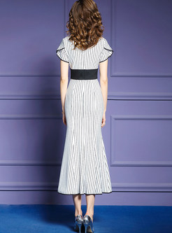 Stylish Striped Color-blocked Slim Maxi Dress