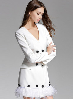 Stylish V-neck White Long Sleeve Dress With Fringed Detail