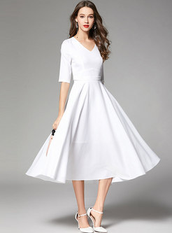 White V-neck High Waisted Big Hem Dress