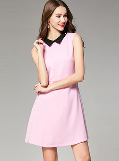 Pink Contrast-collar Gathered Waist Skater Dress