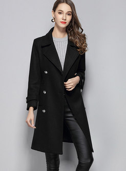 Black Lapel Double-breasted Coat With Pockets