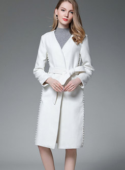 Beige White V-neck Self-tie Long Coat With Beaded Embellishment
