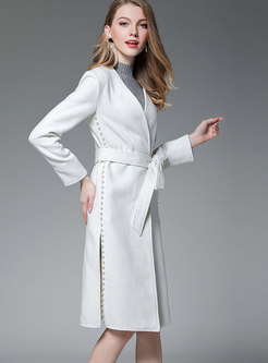 Beige White V-neck Self-tie Long Coat With Beaded Embellishment