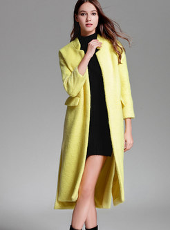 Yellow Stand Collar Loose Coat With Side-slit Hem 