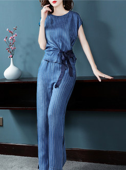 Blue Denim Striped Tie-waist Two Piece Outfits