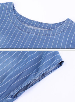 Blue Denim Striped Tie-waist Two Piece Outfits