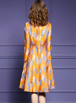 V-neck Long Sleeve Waist Print A Line Dress