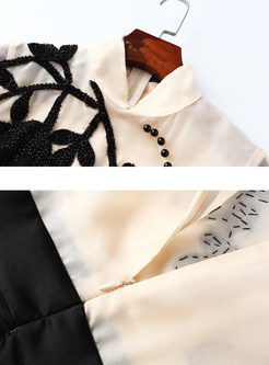 Mandarin Collar Long Sleeve Patchwork Maxi Dress
