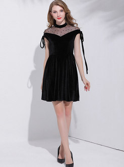 Sexy Black Hollow Out Tie-sleeve Detail Velvet Dress