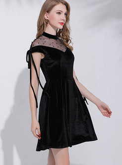 Sexy Black Hollow Out Tie-sleeve Detail Velvet Dress