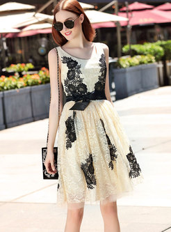 Stylish Off Shoulder Lace-paneled Bowknot Skater Dress