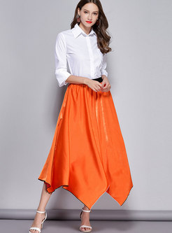 Brief White Blouse & Orange Asymmetric Maxi Skirt