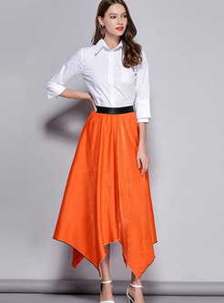 Brief White Blouse & Orange Asymmetric Maxi Skirt