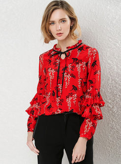 Chic Print Ruffled Collar Tied Blouse