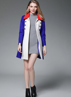 Sapphire Blue Contrast-Collar Wool Trench Coat