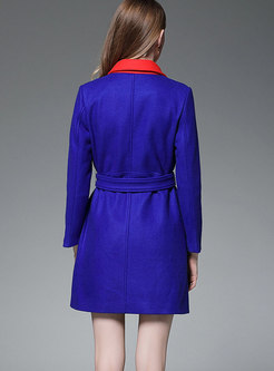 Sapphire Blue Contrast-Collar Wool Trench Coat