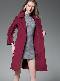 Wine Red Turn-down Collar Belted Trench Coat
