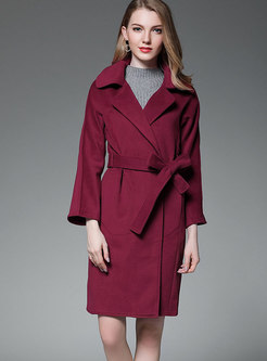 Wine Red Turn-down Collar Belted Trench Coat