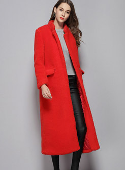 Fashion Red Stand Collar Straight Wool Trench Coat
