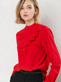 Solid Color High Neck Falbala Blouse