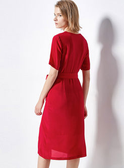 Pure Color V-neck Belted Slit Sheath Dress