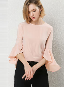 Brief Solid Color Flare Sleeve O-neck Blouse