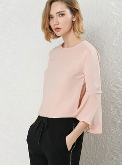 Brief Solid Color Flare Sleeve O-neck Blouse