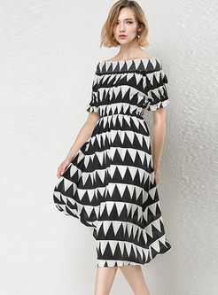 Fashionable Stereoscopic Print Slash Neck Gathered Waist Hem Dress