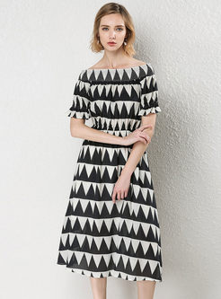 Fashionable Stereoscopic Print Slash Neck Gathered Waist Hem Dress