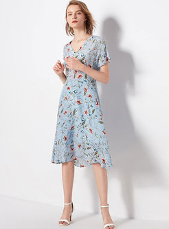 Trendy Print V-neck High Waist A Line Dress