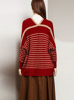 Striped Single-breasted V-neck Loose Sweater