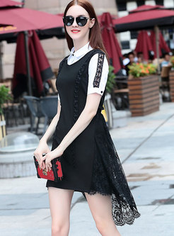 Black-white Blocked Lace-paneled High-Low Skater Dress