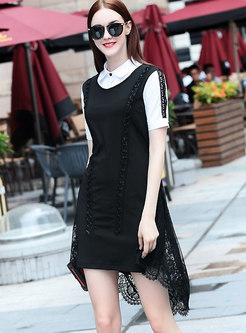 Black-white Blocked Lace-paneled High-Low Skater Dress