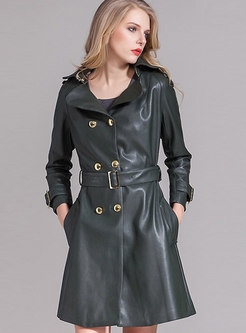 Trendy Leather Turn-down Collar Belted Coat With Side Pockets