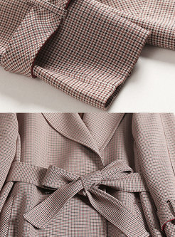 Notched Lapel Straight Plaid Trench Coat