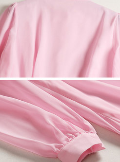 Pink Long Pleated Chiffon Maxi Dress With Button