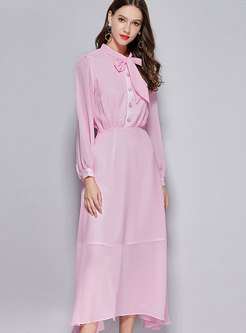 Pink Long Pleated Chiffon Maxi Dress With Button