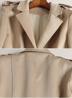 Trendy Khaki Slim Belted Lapel Knee-length Trench Coat 