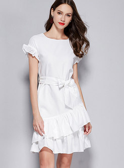 White Falbala Self-tie Zipper-back Asymmetric Dress