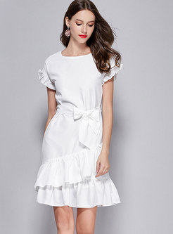 White Falbala Self-tie Zipper-back Asymmetric Dress