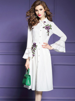 White Lapel Flare Sleeve Embroidered Slim Dress